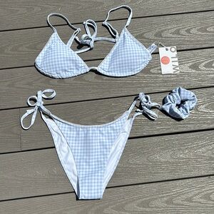 3pc Light Blue Plaid Wilo the Label Bikini with Matching Scrunchie